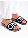 Black flip-flops with silver inscription on Shelvt cork