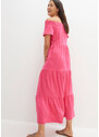 bonprix Dlouhé šaty z bavlněného žerzeje s volány a výstřihem Carmen Pink