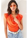 Olalook Women's Orange Padded Plunging Collar Flowy Blouse