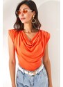 Olalook Women's Orange Padded Plunging Collar Flowy Blouse