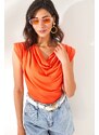 Olalook Women's Orange Padded Plunging Collar Flowy Blouse