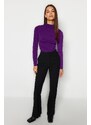 Trendyol Purple Shirring Detail Stand Collar Fitted/Long Sleeves, Fitted Knitted Stretch Blouse