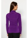 Trendyol Purple Shirring Detail Stand Collar Fitted/Long Sleeves, Fitted Knitted Stretch Blouse