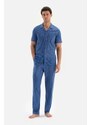 Dagi Blue Shirt Collar Printed Size Cotton Modal Pajamas Set