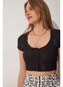 Happiness İstanbul Women's Black U-Neck Openwork Crop Knitted Blouse