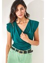 Olalook Women's Emerald Green Padded Plunging Collar Flowy Blouse