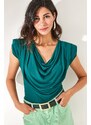 Olalook Women's Emerald Green Padded Plunging Collar Flowy Blouse