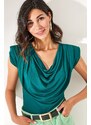 Olalook Women's Emerald Green Padded Plunging Collar Flowy Blouse