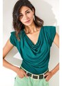 Olalook Women's Emerald Green Padded Plunging Collar Flowy Blouse