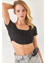 Olalook Women's Black Corset Square Collar Crop Top