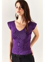 Olalook Women's Purple Shoulder And Skirt Detailed Front Back V Knitwear Blouse