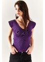 Olalook Women's Purple Shoulder And Skirt Detailed Front Back V Knitwear Blouse