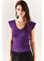 Olalook Women's Purple Shoulder And Skirt Detailed Front Back V Knitwear Blouse