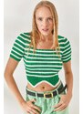 Olalook Grass Green Striped Asymmetric Crop Knitwear Blouse