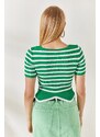 Olalook Grass Green Striped Asymmetric Crop Knitwear Blouse