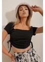 Trend Alaçatı Stili Women's Black Square Collar Blouse with Pleats