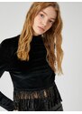 Koton Long Sleeve T-Shirt Velvet Crop with Shimmering Tassel Detail.