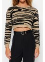 Trendyol Mink Crop Měkký texturovaný pletený svetr