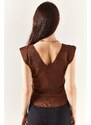 Olalook Women's Bitter Brown Shoulders And Skirt Detailed Front Back V Knitwear Blouse