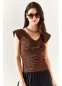 Olalook Women's Bitter Brown Shoulders And Skirt Detailed Front Back V Knitwear Blouse