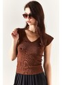 Olalook Women's Bitter Brown Shoulders And Skirt Detailed Front Back V Knitwear Blouse