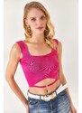 Olalook Women's Fuchsia Collar Detailed Waist Decollete Crop Knitwear Blouse