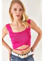 Olalook Women's Fuchsia Collar Detailed Waist Decollete Crop Knitwear Blouse