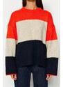 Trendyol Orange Měkký texturovaný pletený svetr s barevným blokem