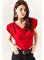 Olalook Women's Red Padded Plunging Collar Flowy Blouse