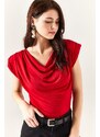 Olalook Women's Red Padded Plunging Collar Flowy Blouse