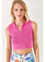 Olalook Women's Fuchsia Polo Collar Sleeveless Crop Knitwear Blouse