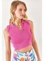 Olalook Women's Fuchsia Polo Collar Sleeveless Crop Knitwear Blouse