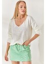 Olalook White V Neck Loose Knitwear Blouse