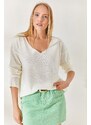 Olalook White V Neck Loose Knitwear Blouse