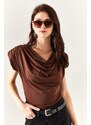 Olalook Women's Bitter Brown Waisted Collar Flowy Blouse