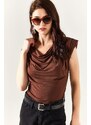 Olalook Women's Bitter Brown Waisted Collar Flowy Blouse