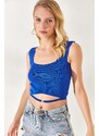 Olalook Women's Saxon Blue Collar Detailed Waist Decollete Crop Knitwear Blouse