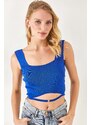 Olalook Women's Saxon Blue Collar Detailed Waist Decollete Crop Knitwear Blouse