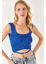 Olalook Women's Saxon Blue Collar Detailed Waist Decollete Crop Knitwear Blouse