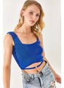 Olalook Women's Saxon Blue Collar Detailed Waist Decollete Crop Knitwear Blouse