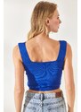 Olalook Women's Saxon Blue Collar Detailed Waist Decollete Crop Knitwear Blouse