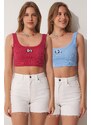 Happiness İstanbul Women's Dark Pink Sky Blue 2-pack Panda Embroidery Knitted Crop Top