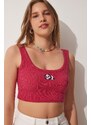 Happiness İstanbul Women's Dark Pink Sky Blue 2-pack Panda Embroidery Knitted Crop Top