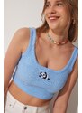 Happiness İstanbul Women's Dark Pink Sky Blue 2-pack Panda Embroidery Knitted Crop Top