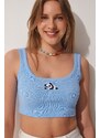 Happiness İstanbul Women's Dark Pink Sky Blue 2-pack Panda Embroidery Knitted Crop Top