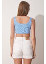 Happiness İstanbul Women's Dark Pink Sky Blue 2-pack Panda Embroidery Knitted Crop Top