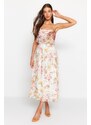 Trendyol Ecru Floral Patterned Waist Opening Straps Maxi Lined Chiffon Woven Dress