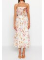 Trendyol Ecru Floral Patterned Waist Opening Straps Maxi Lined Chiffon Woven Dress