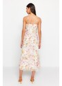 Trendyol Ecru Floral Patterned Waist Opening Straps Maxi Lined Chiffon Woven Dress
