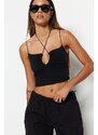 Trendyol Black Halterneck Spaghetti Straps Cotton Stretchy Crop Knitted Singlets